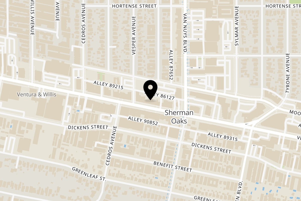 Map showing the location of Mardi Gras Tuesday "A Taste Of New Orleans" Sherman Oaks on 14543 Ventura Blvd in Sherman Oaks